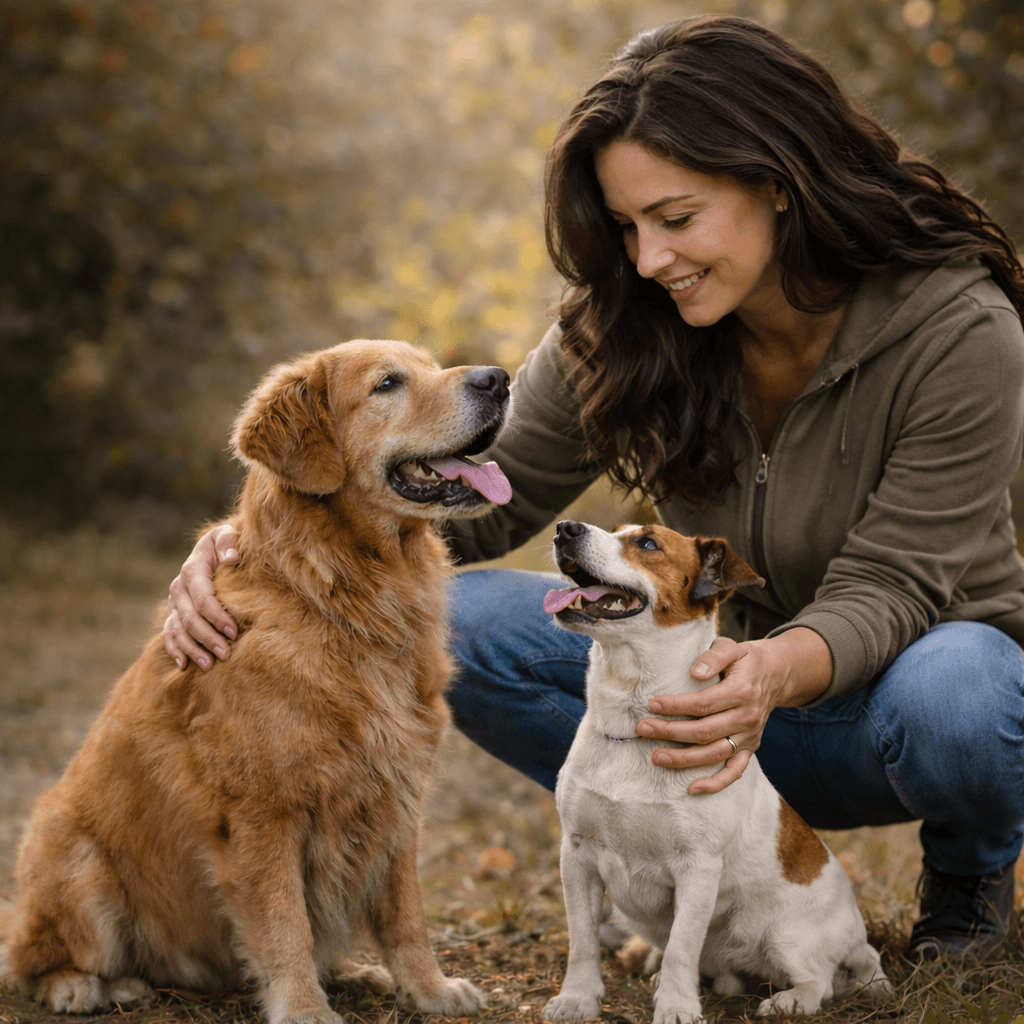 femme flattant ses 2 chien 