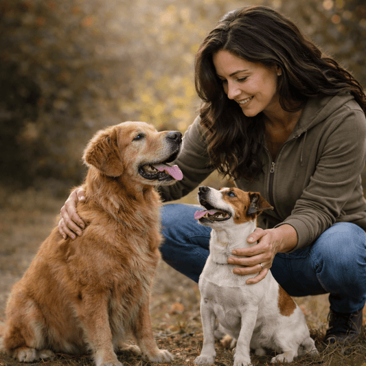 femme flattant ses 2 chien 