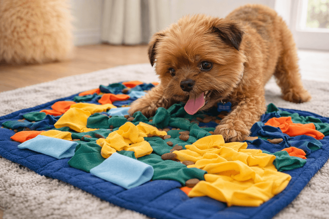 petit chien jouant sur un tapis de fouille